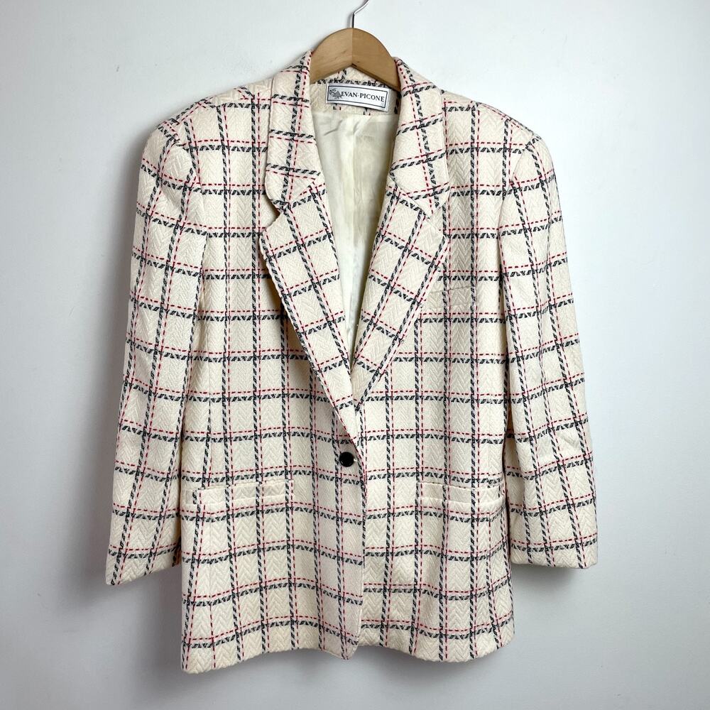 Vintage 80s 90s Evan Picone Plaid Blazer Wool Sz 8 White Preppy Quiet Luxury